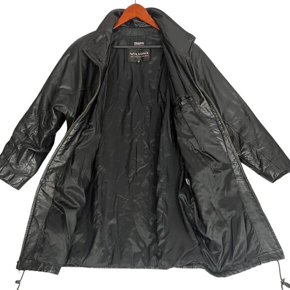 Vintage Wilsons Black Leather Jacket Size Large Thinsulate Lined Chore Overcoat - Picture 2 of 11